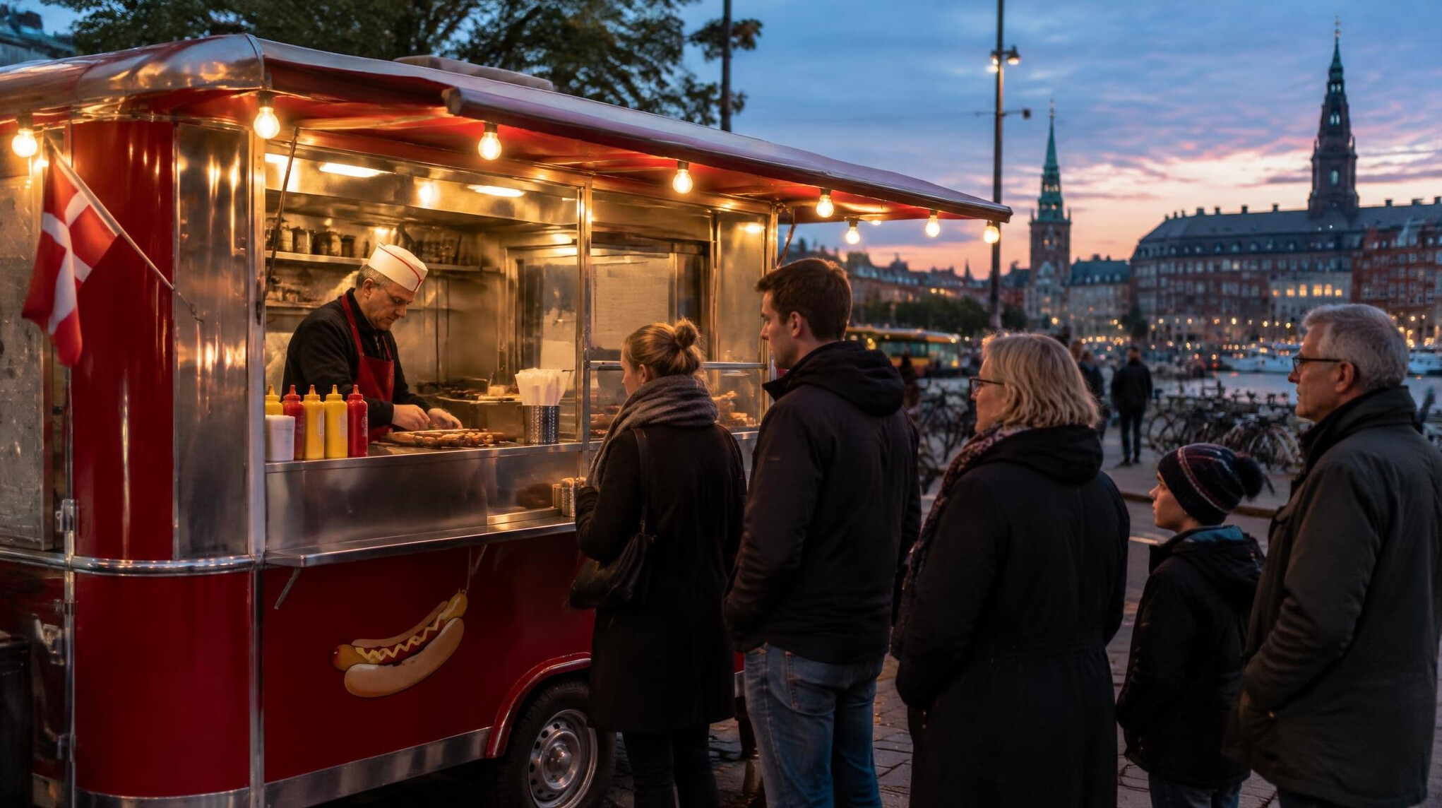 Classic Danish hot dog stand with a small queue of customers in the evening