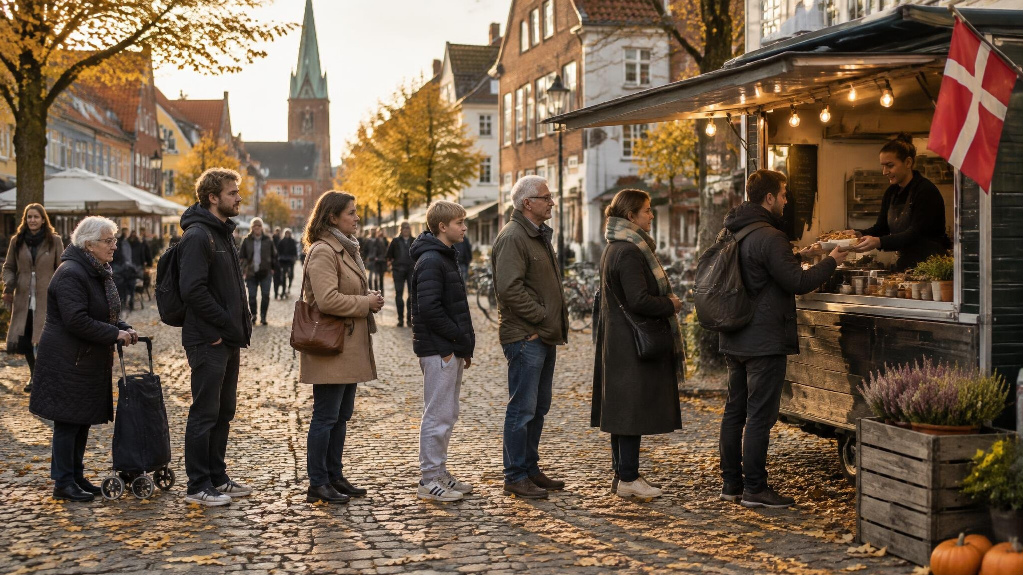 Busy Danish pedestrian street with people queueing at a food stall in autumn