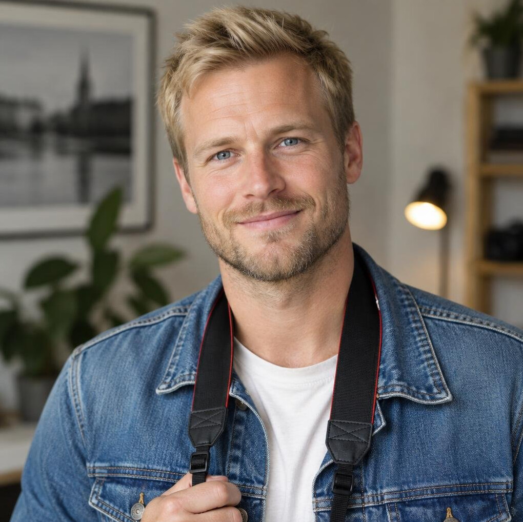 Danish male photojournalist holding a camera on a Copenhagen street