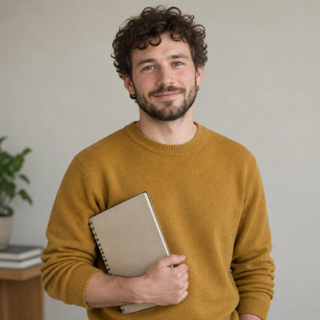 Danish male illustrator holding a sketchbook
