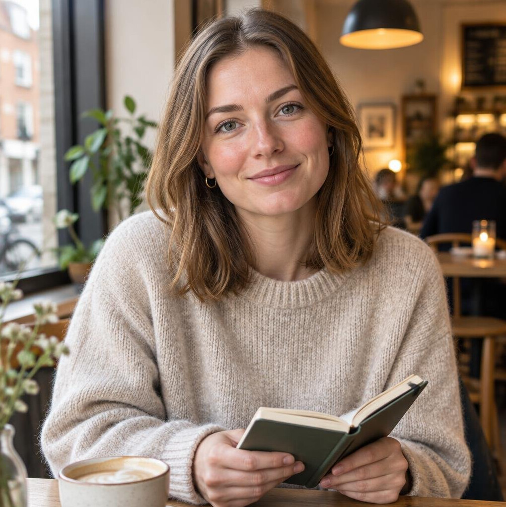 Danish female writer holding a notebook in a cafe