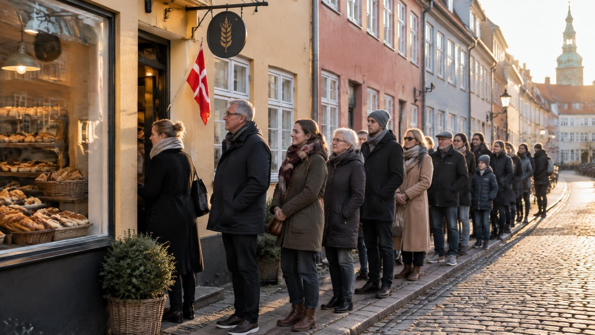 Long queue of Danish people waiting outside a bakery in early morning light