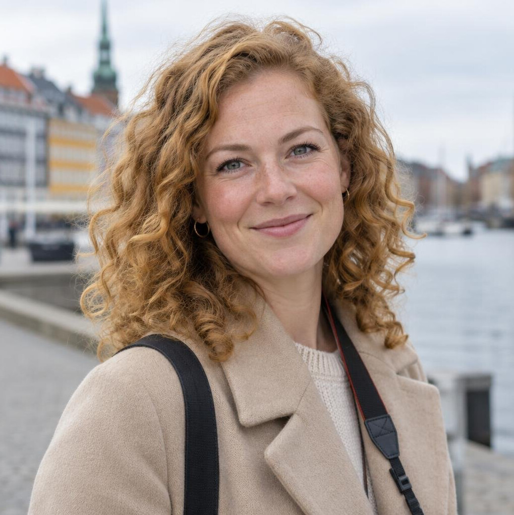 Danish female photographer with a camera strap outdoors