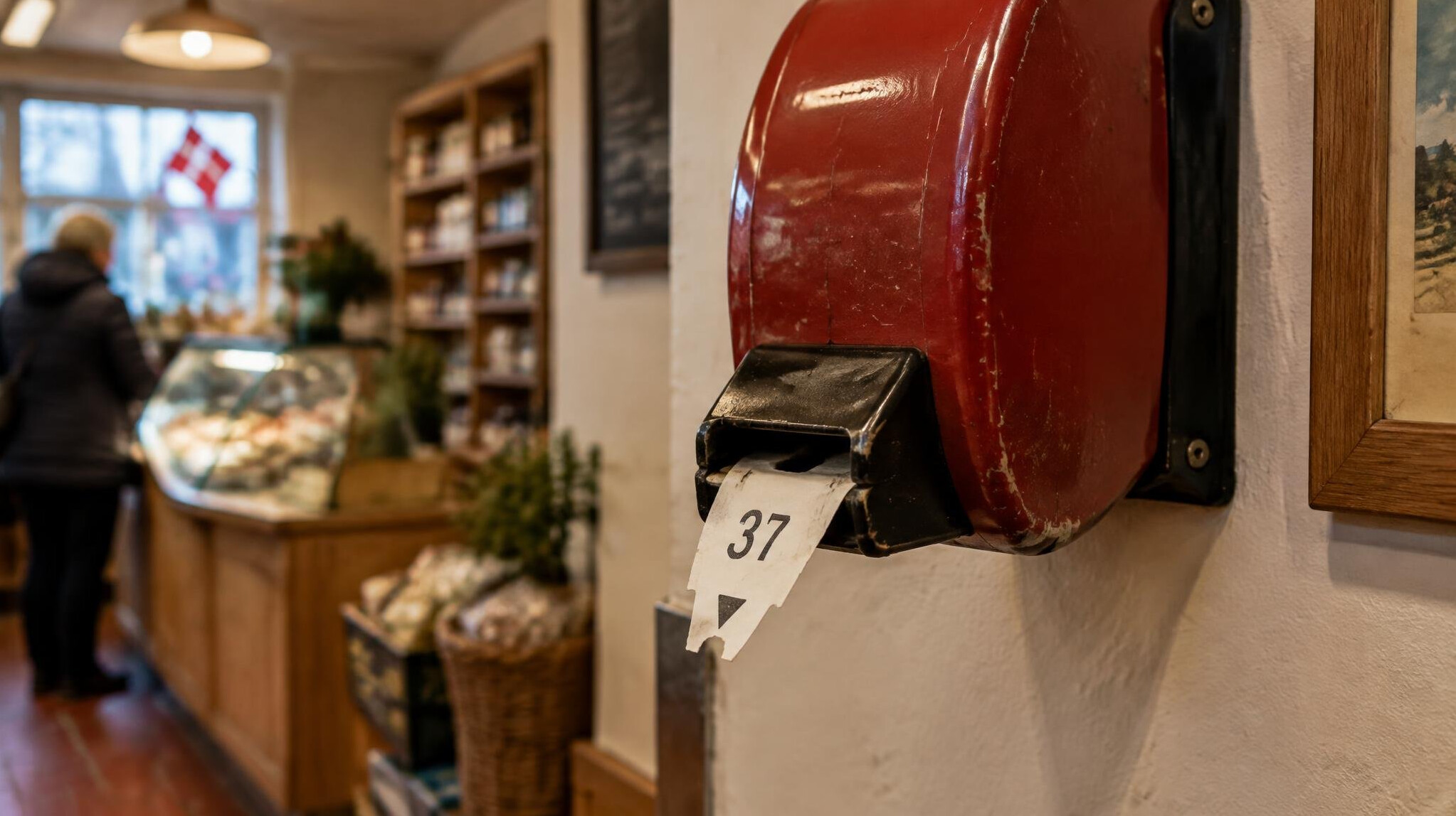 Close-up of a numbered queue ticket dispenser machine in a Danish shop