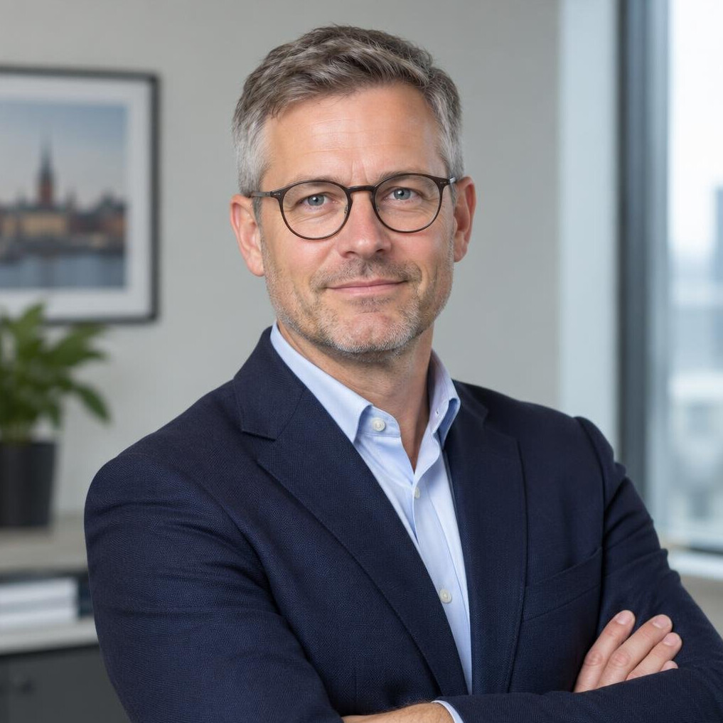 Danish male editor wearing glasses and a blazer in an office